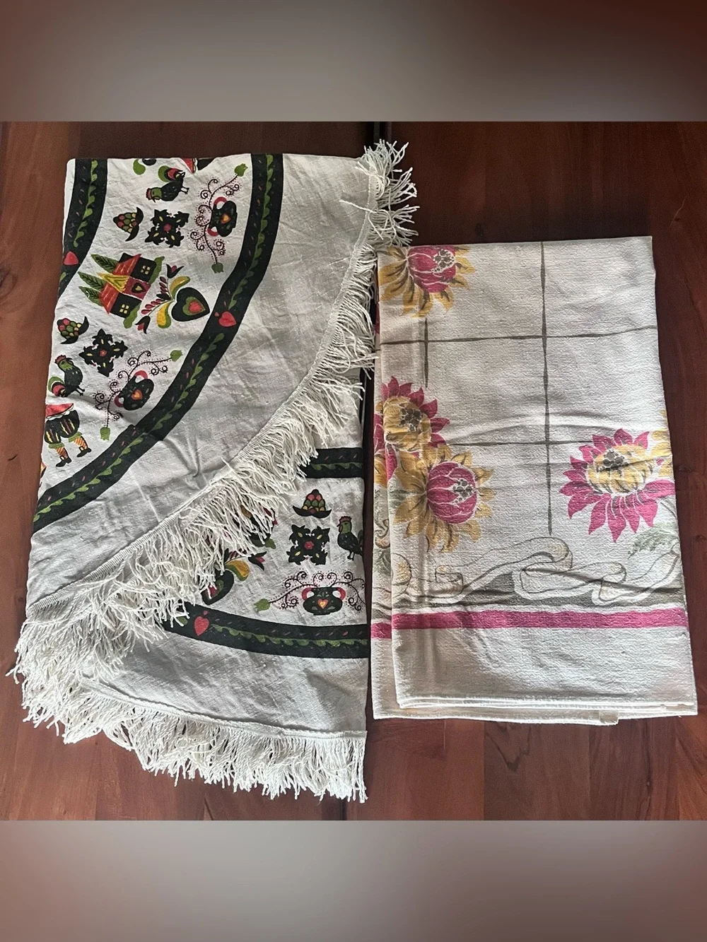 Set of 2 1950s tablecloths Pennsylvania PA Dutch Folk Art 56” Round & floral sq